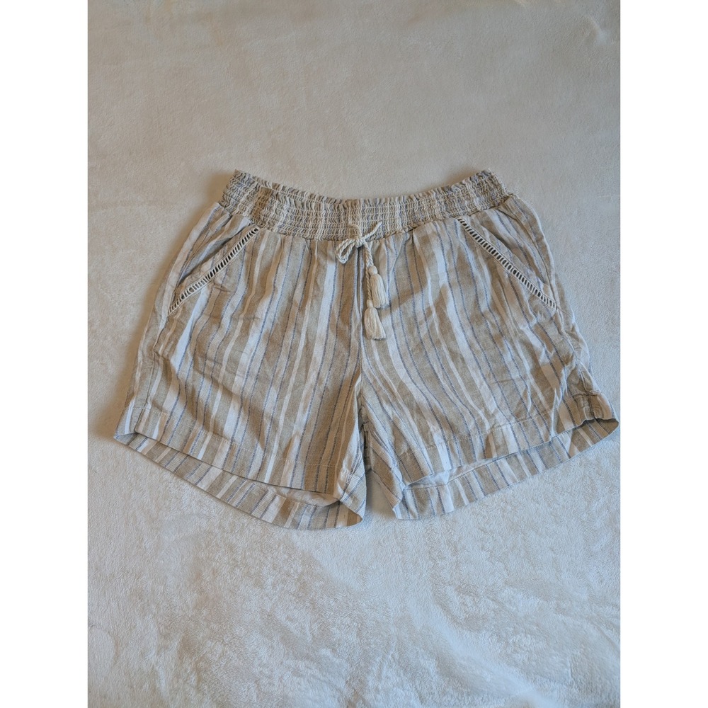 Briggs‎ Striped Linen Blend Shorts Smocked Waist Casual Beige Blue Size M